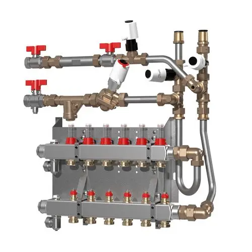 Verteiler mit mehreren Anschlüssen und Absperrventilen, aus Metall, zur Anpassung von Heizungssystemen, hergestellt von Danfoss.